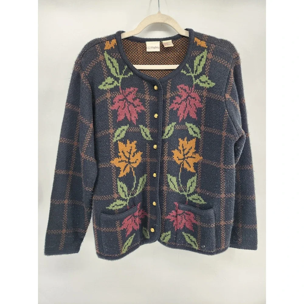CC Hughes Vintage Floral Plaid Knit Cardigan Sweater Navy Blue Gold Button S